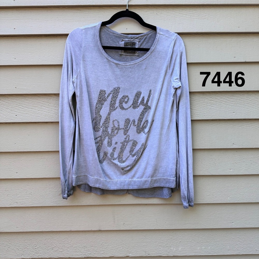 Better Rich Gray Rhinestone New York City Long Sleeve Graphic Top Cotton Modal